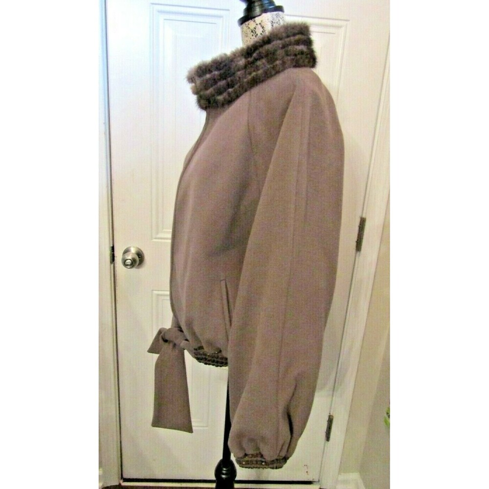 EBBERRO Vintage Taupe Wool Jacket Mink Collar Sequined Trim Satin Lined SZ 16 - Picture 4 of 8